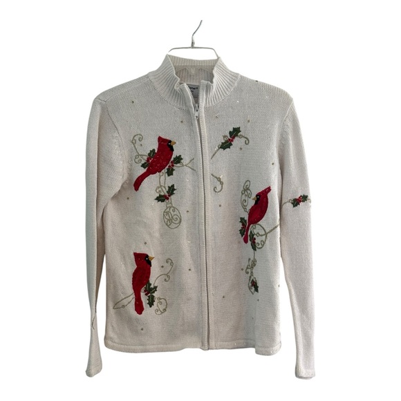 Tiara International Red Cardinal & Holly Embellished Cardigan Sweater Medium - Picture 1 of 12